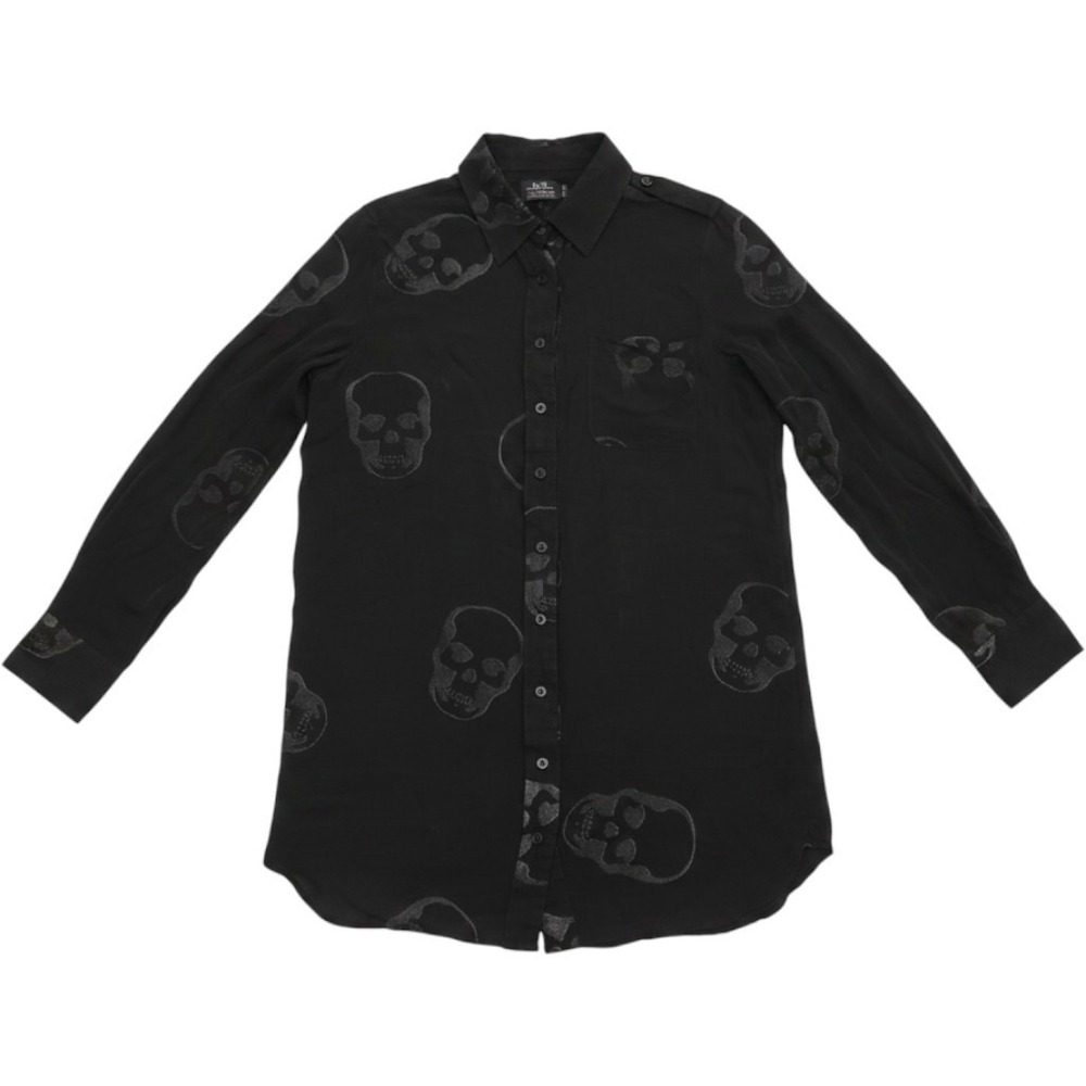 Vtg e.vil Black Silk Skull Graphic Button Down Shirt XS Long Roll-tab Y2K Grunge